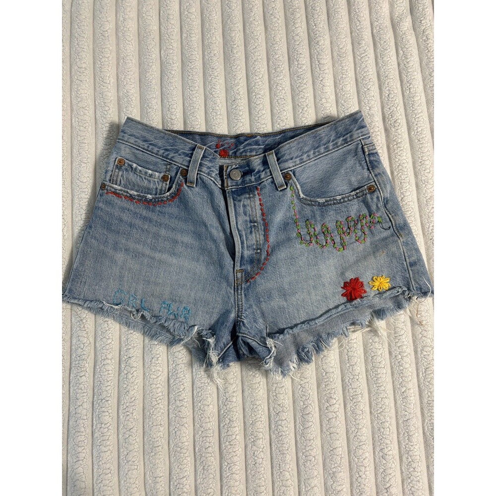 Levi's 501 UPCYCLED embroidered denim shorts Womens 28 girl power daisy heart